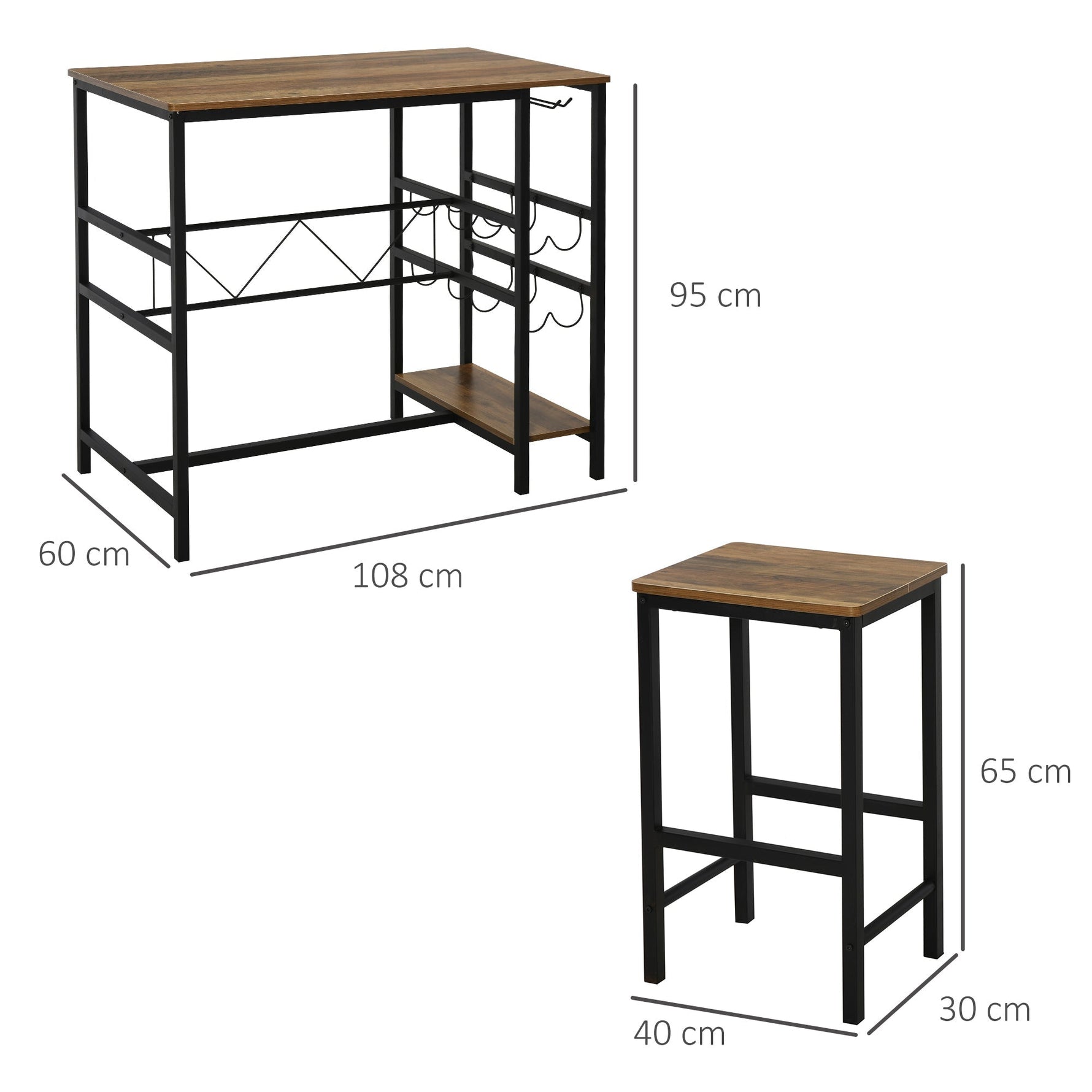 Bar Table Set, 3-Piece with 2 Stools, Steel, Natural and Black