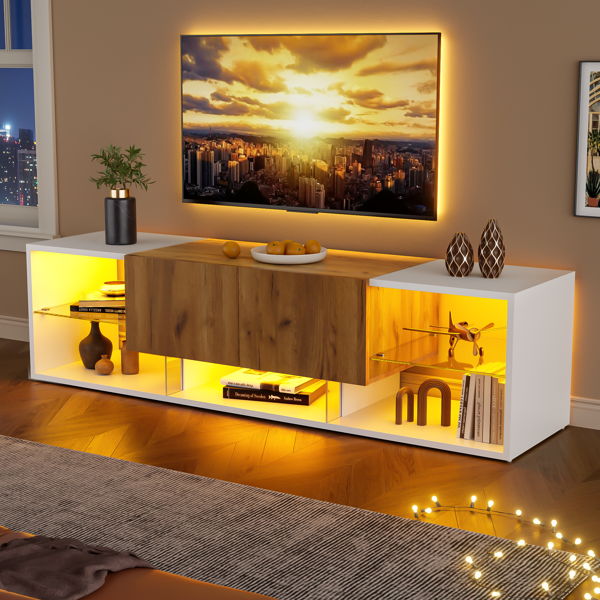 TV Console Cabinet 3-Tier Entertainment Center Glass Shelf 2 Drawers, White
