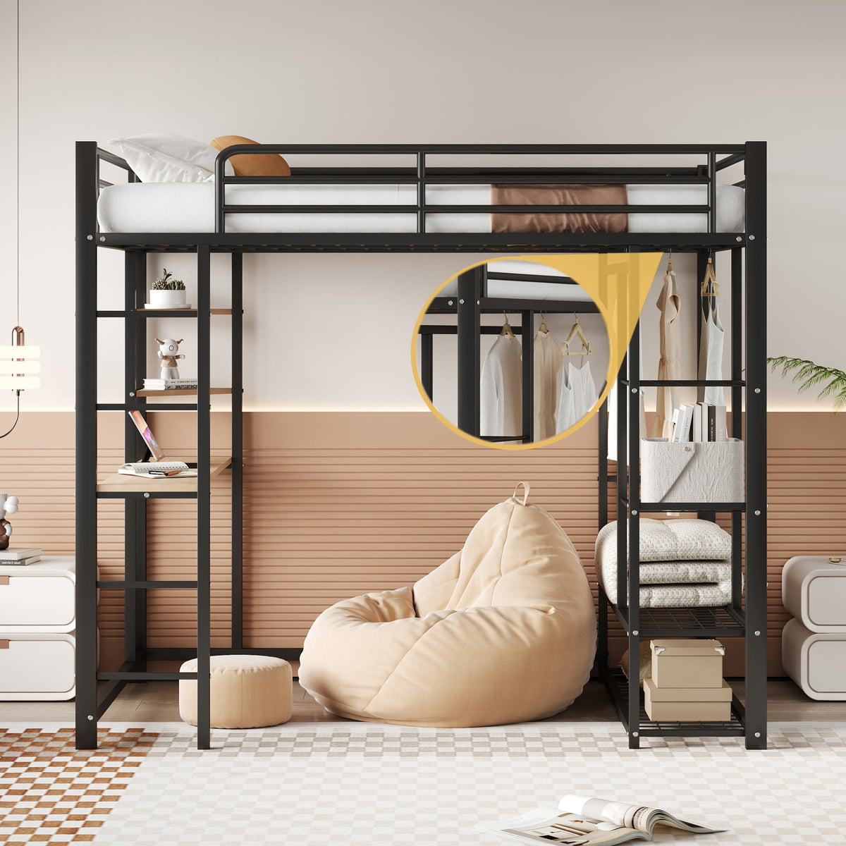 Metal Loft Bed, 140x200 cm, with Ladder, Table, and Storage, Black