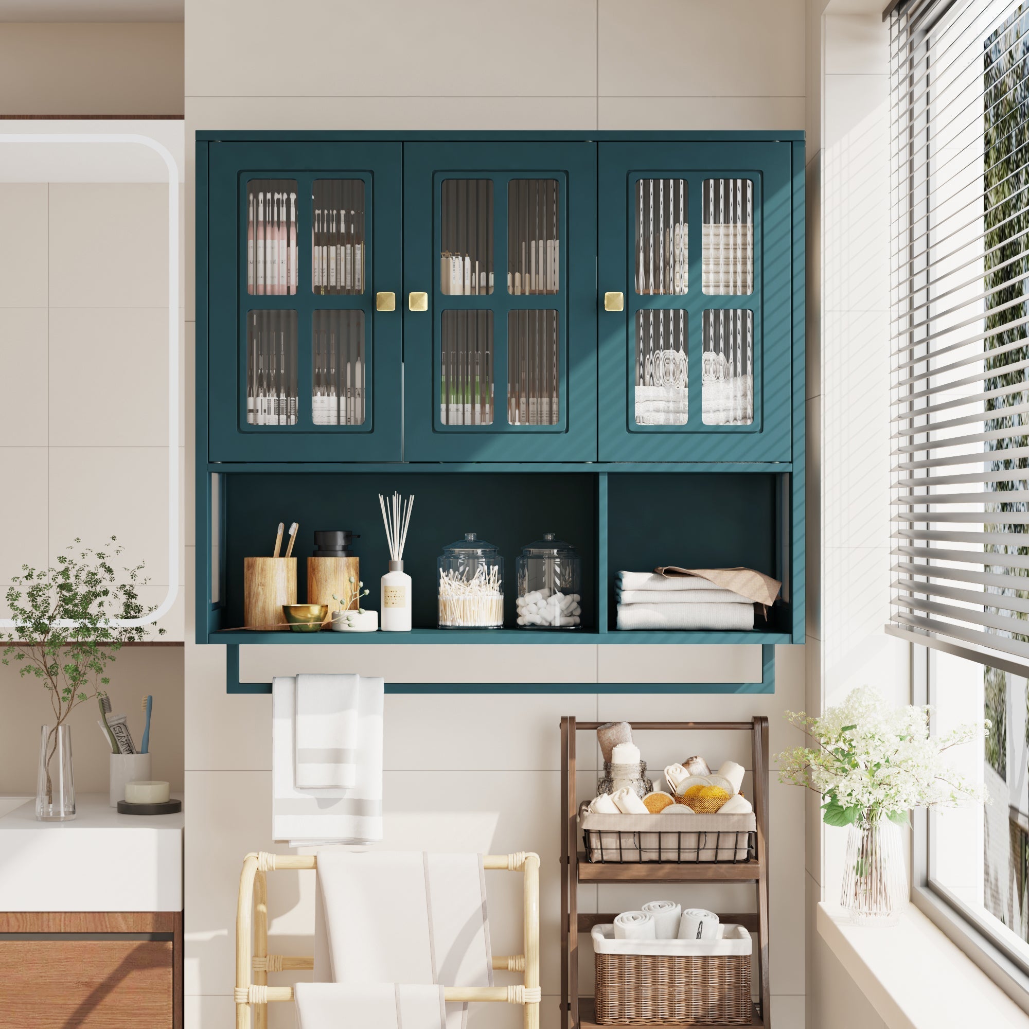 Bathroom Wall Cabinet 3-Door Wooden Glass Door Towel Bar - Dark Green