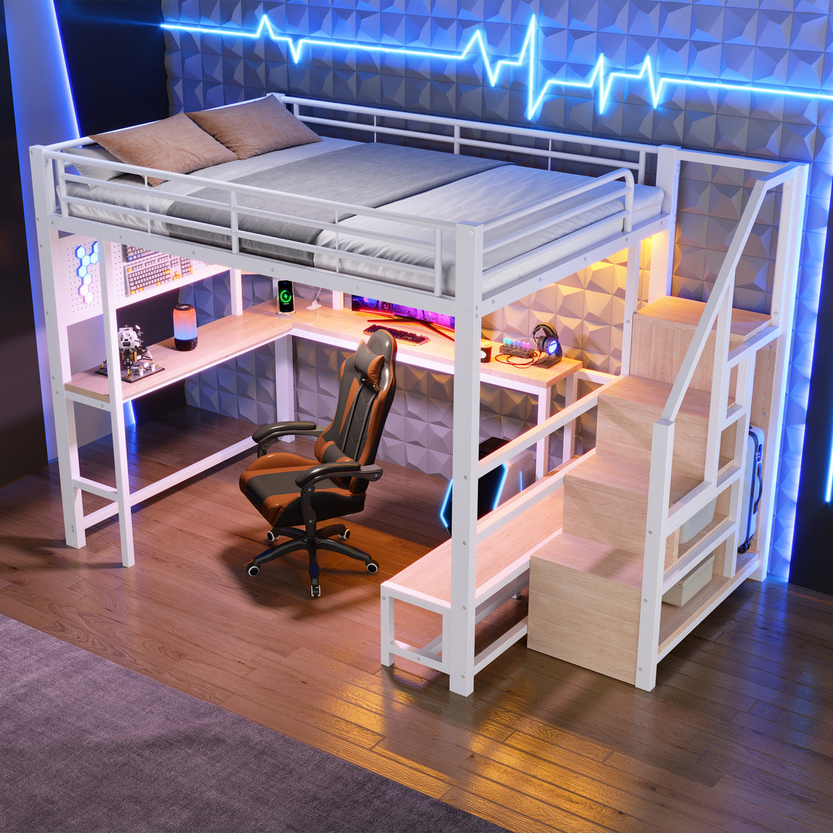 Loft Bed 140x200cm with Desk, Shelves & LED Lighting, White