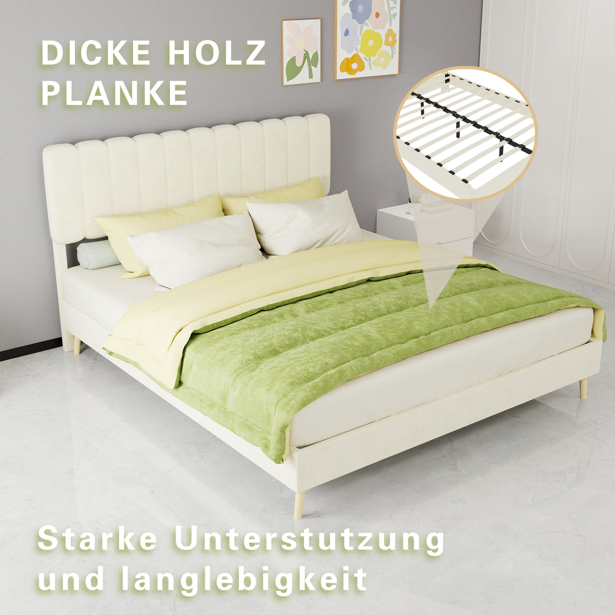 Upholstered Bed 160x200cm with Soft Headboard & Mattress, Beige