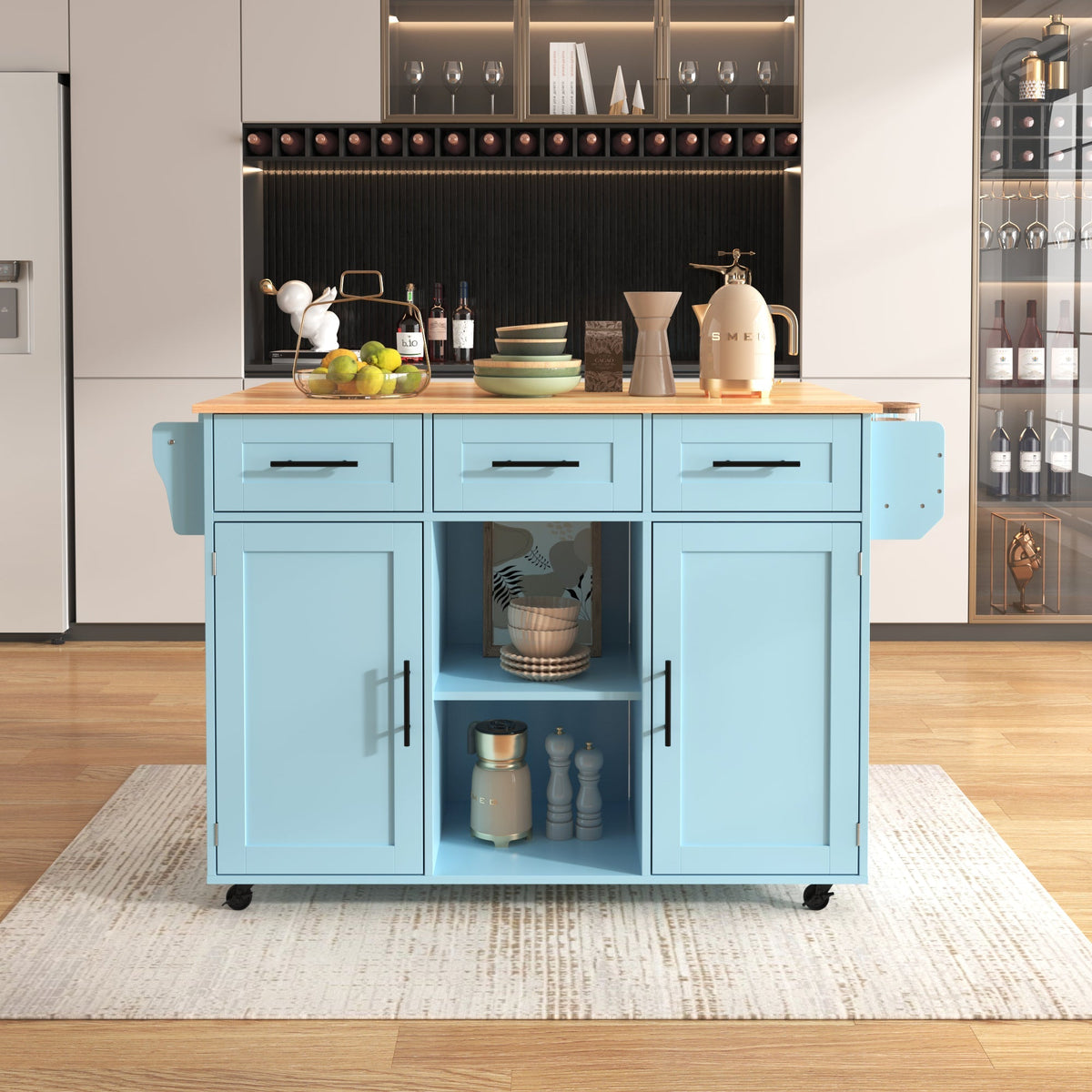 Dining Trolley Sideboard Extendable Fold-Down Worktop Storage Casters Blue/Solid Wood Grain