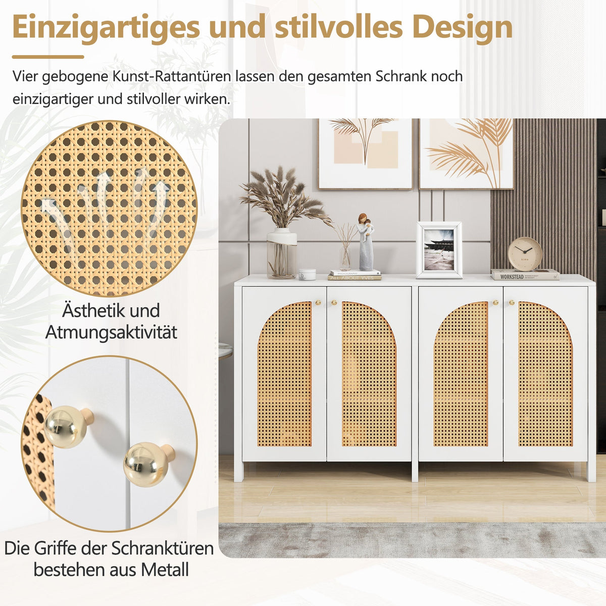 Sideboard, 4 Rattan Doors with Metal Handles, White