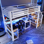 Loft Bed with Desk, LED Light Strip and Storage Staircase, 90 x 200 cm, White Iron Frame