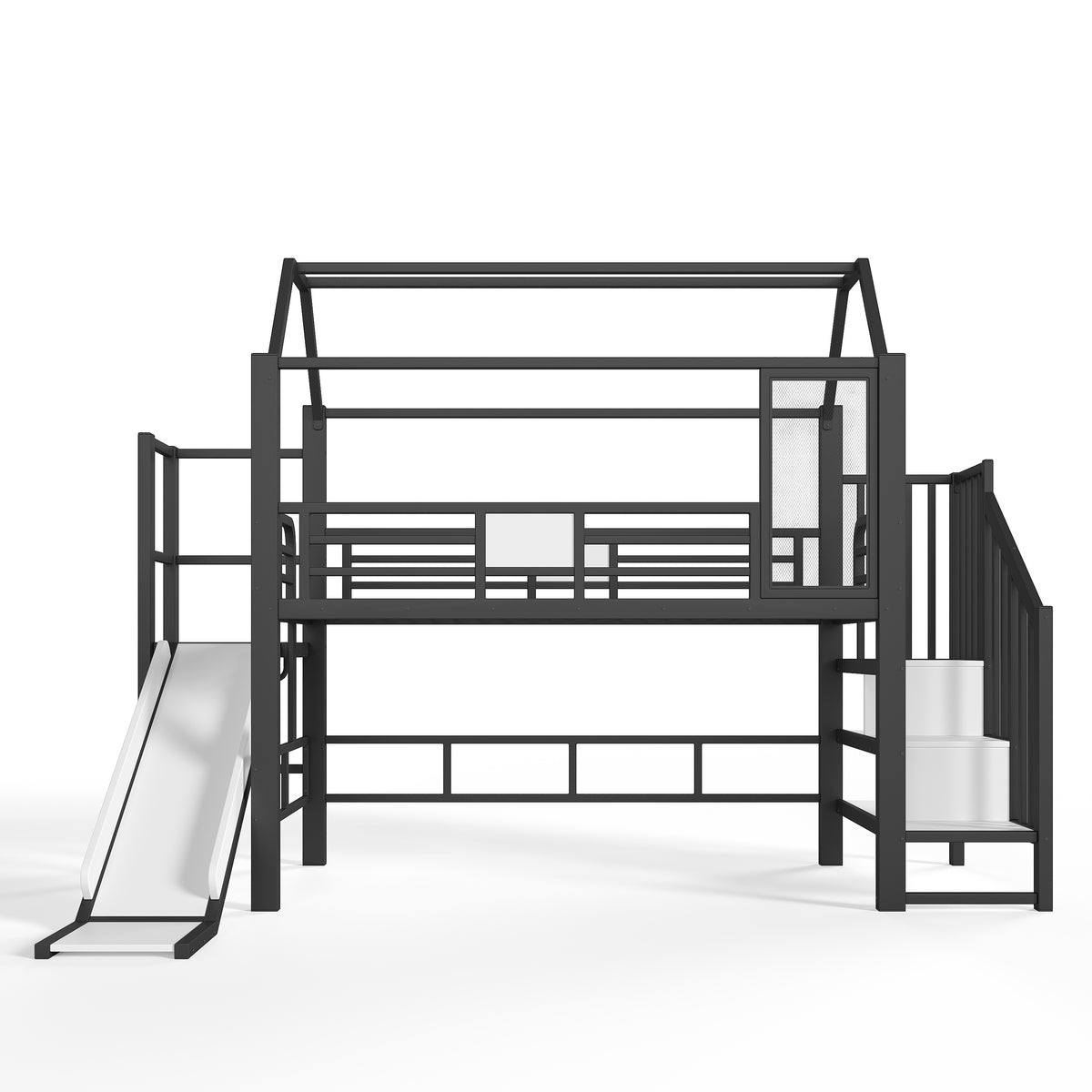 House Loft Bed for Kids with Slide, Storage & LED, Black Metal