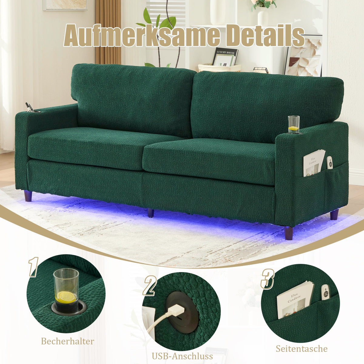 2-Seater Sofa Modern USB-C LED Cup Holders Side Pockets - Emerald Chenille