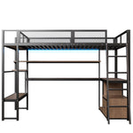 Metal Gaming Loft Bed with Integrated Workspace, LED Lighting and Storage, 140x200cm, Black