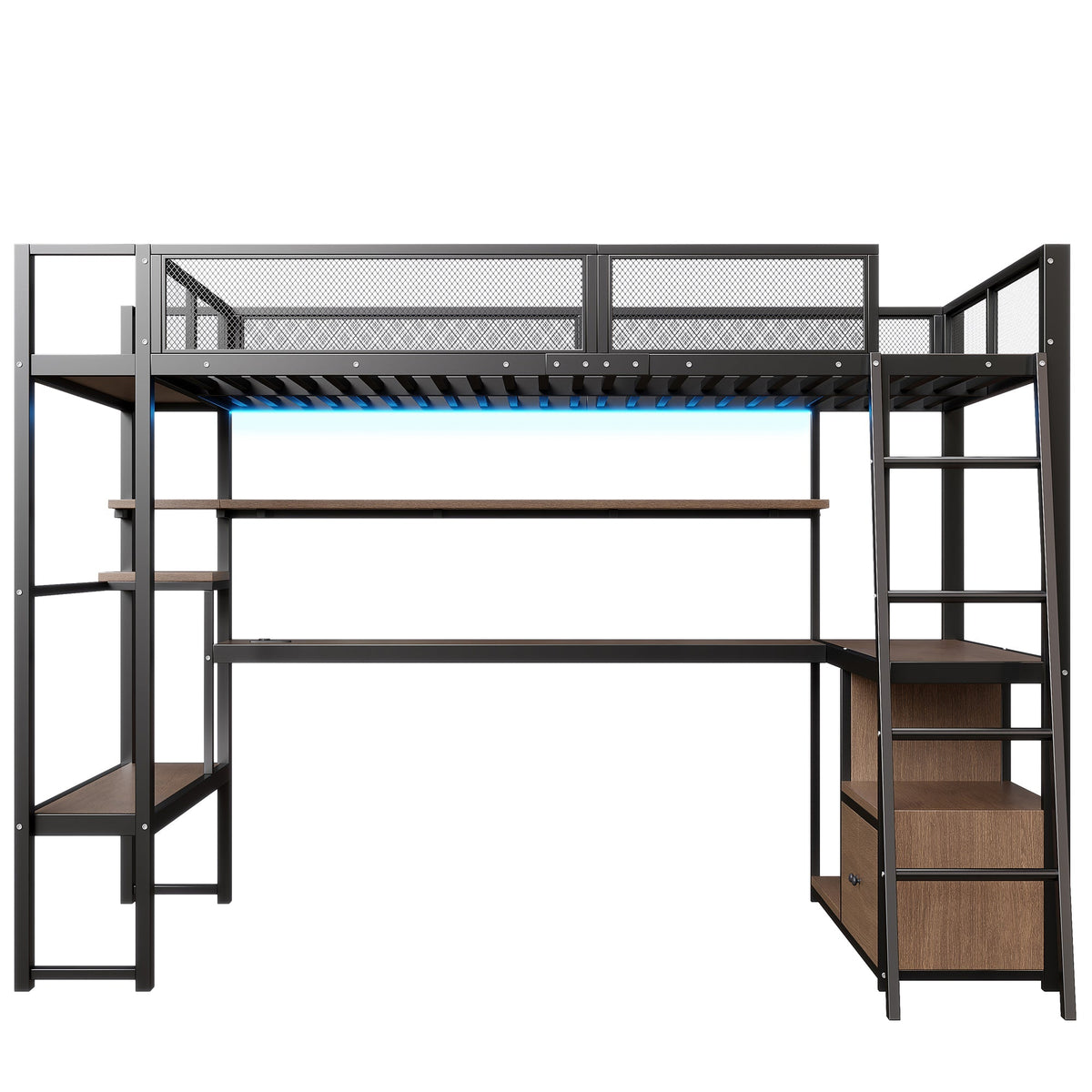 Metal Gaming Loft Bed with Integrated Workspace, LED Lighting and Storage, 140x200cm, Black
