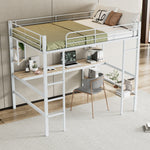 Loft Bed 140x200cm Frame with Desk & Shelves, White Metal