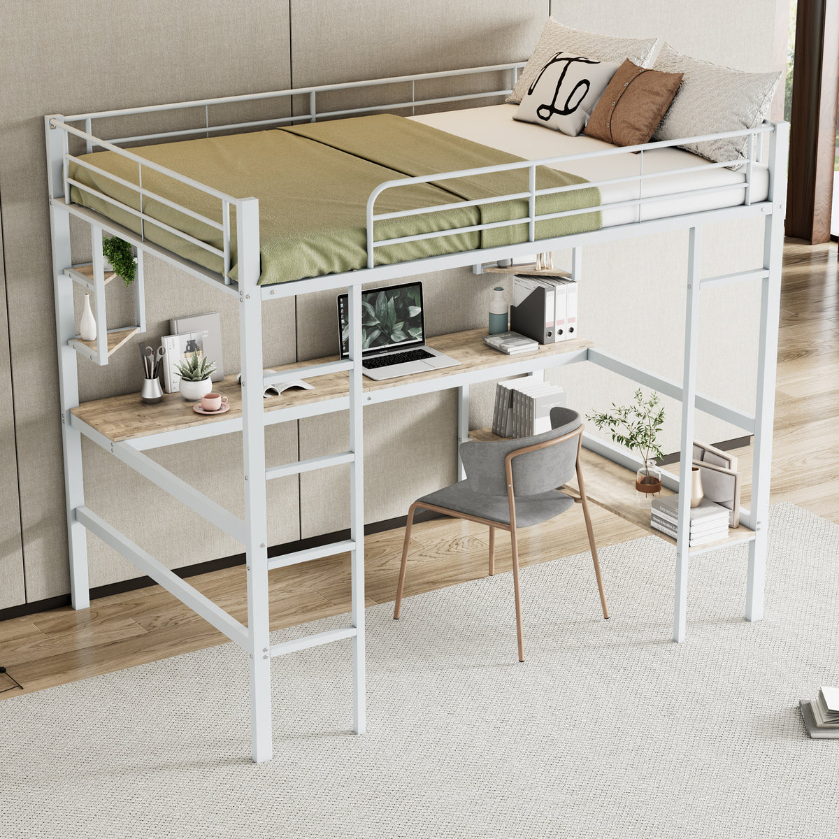 Loft Bed 140x200cm Frame with Desk & Shelves, White Metal