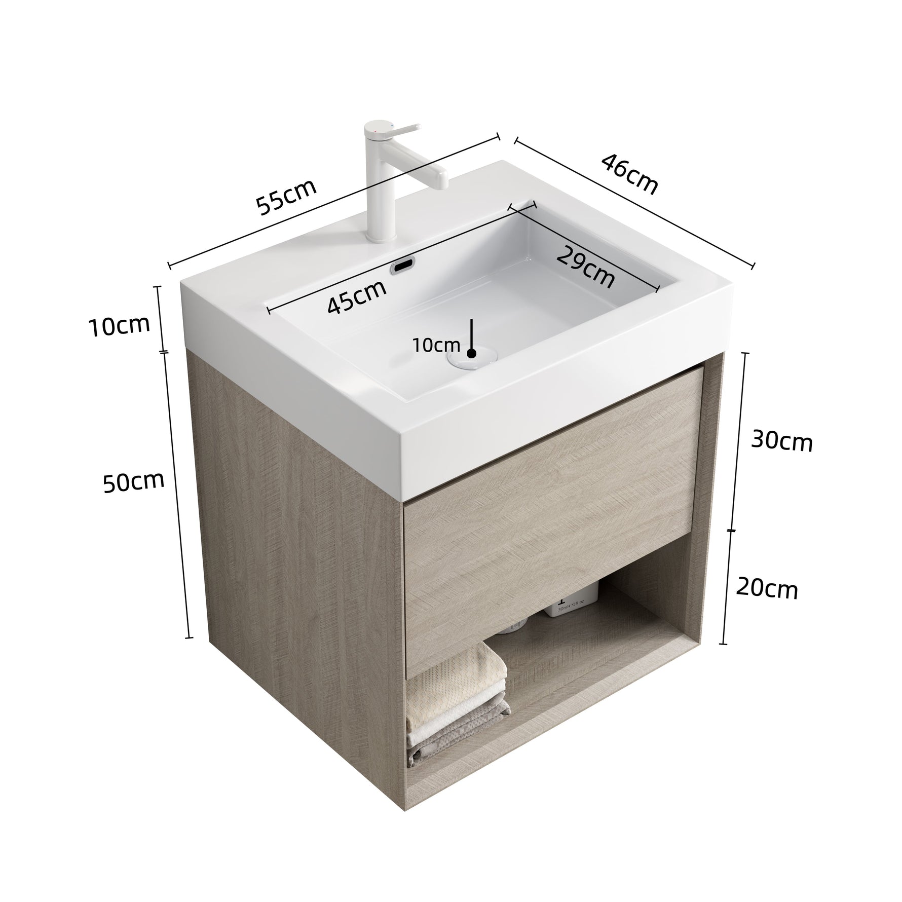 Bathroom Vanity Unit with Resin Basin and Storage, Light Oak Wood Grain