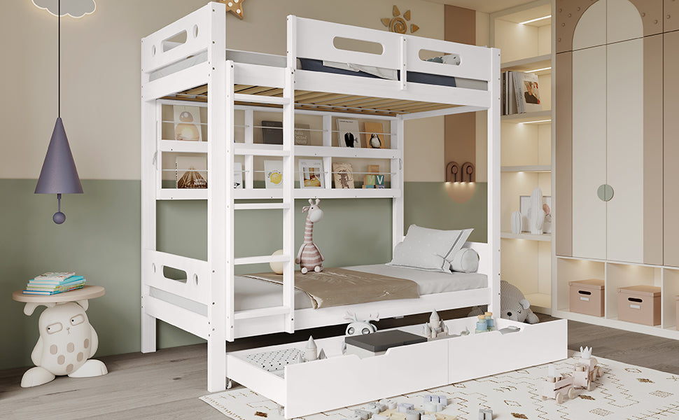 Bunk Bed 90x200 with Drawers & Storage Shelf, White Pine
