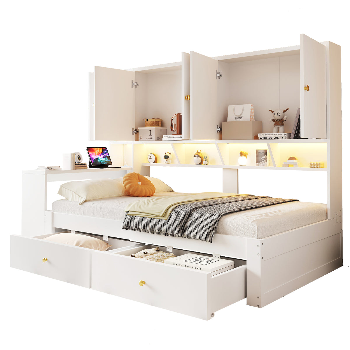 Multifunctional Bed 90x200cm with Desk, LED & Storage - White