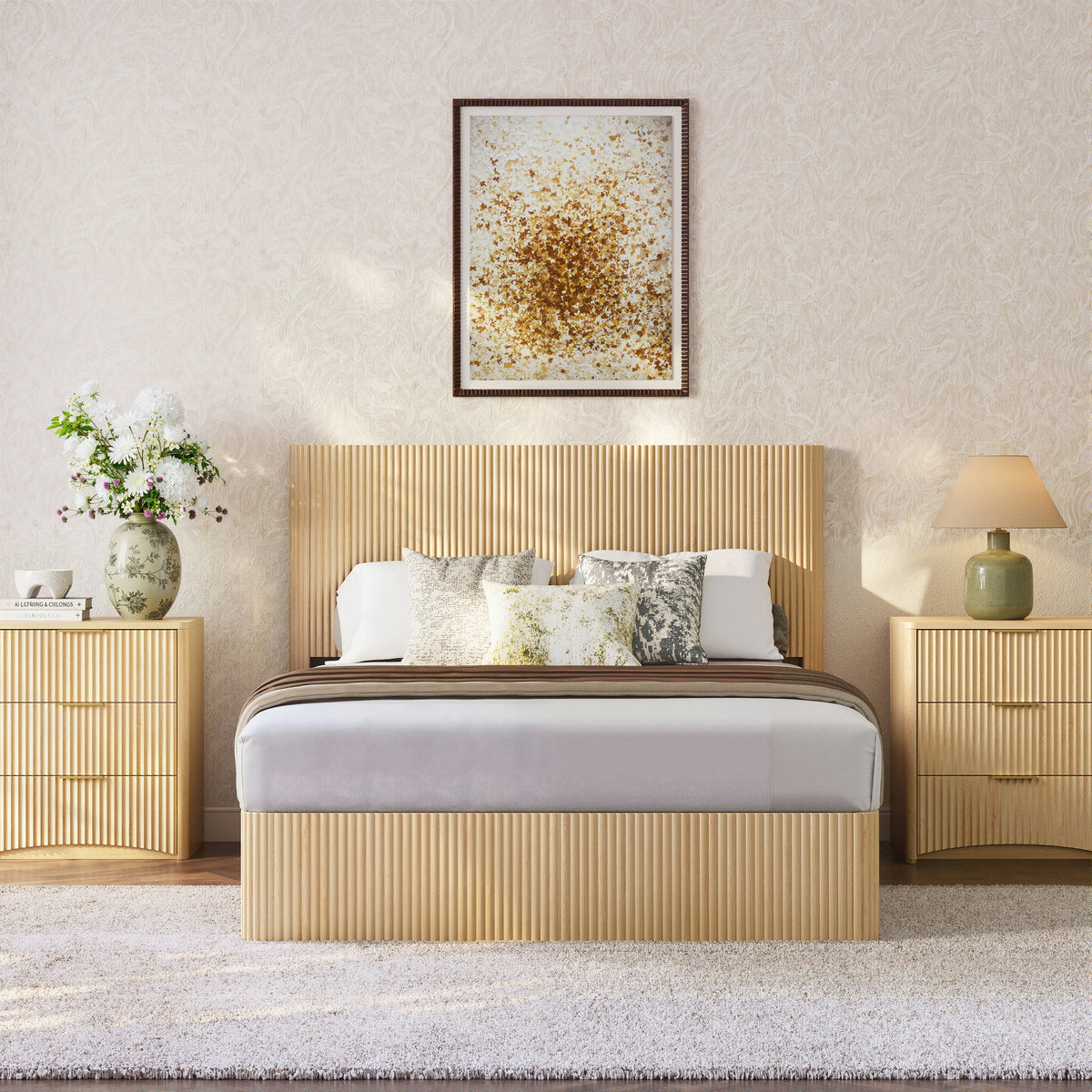 Modern Storage Bed 140x200cm with Hydraulic Lift, Light Oak