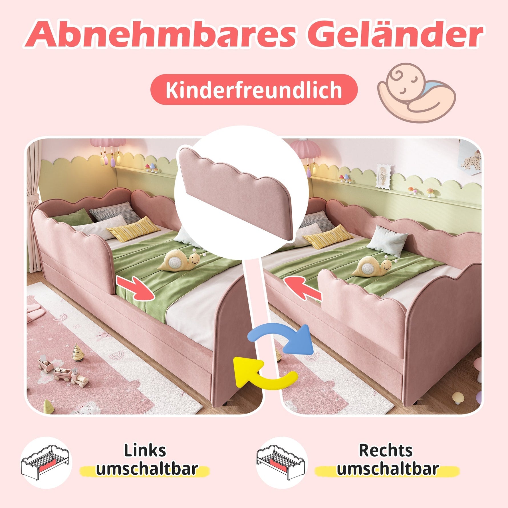 Upholstered Daybed Sofa Bed 90x190cm Pull-out Slatted Base, Pink Velvet