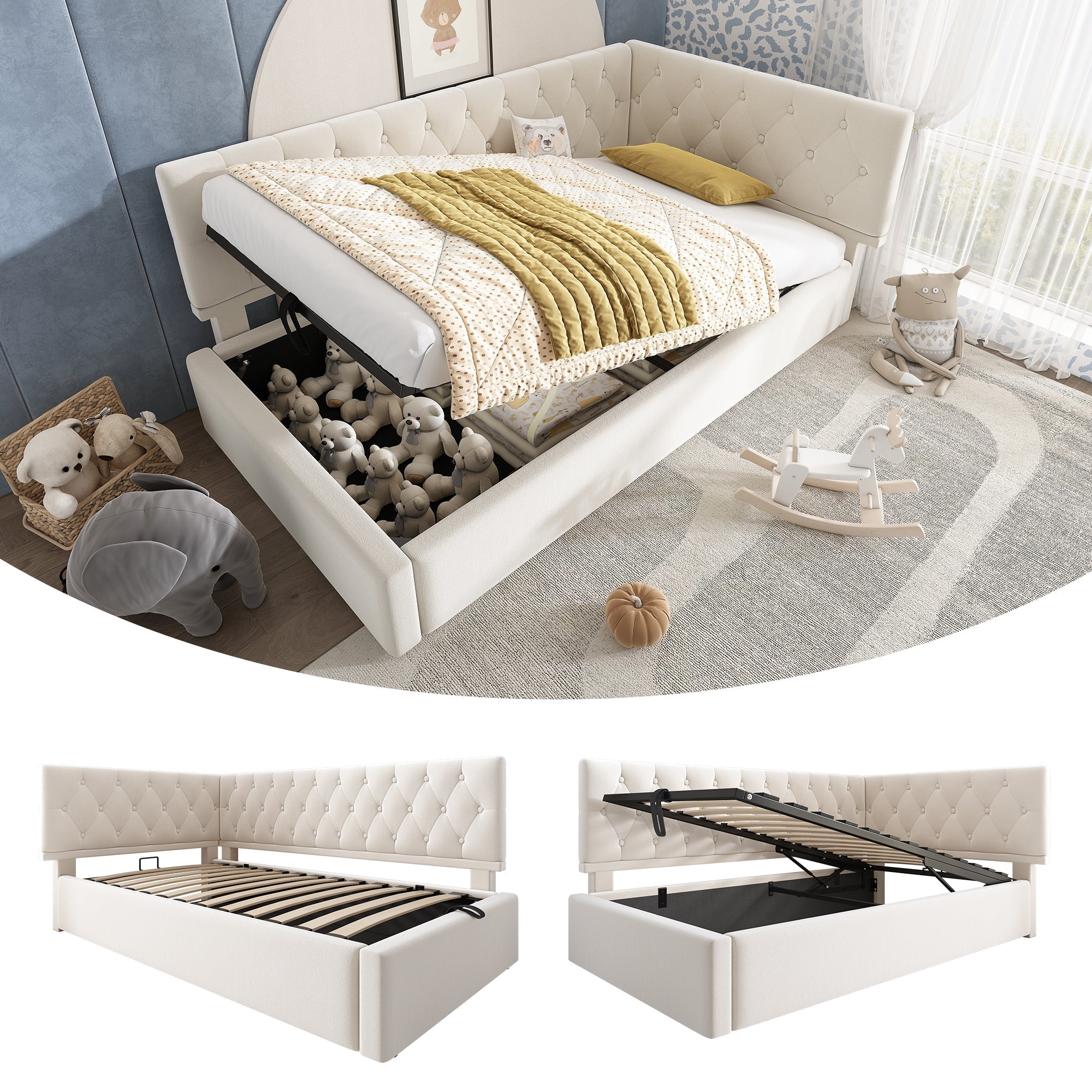 Upholstered Bed, Day Bed Sofa Bed with Hydraulic Storage, 90x190cm, Velvet Beige