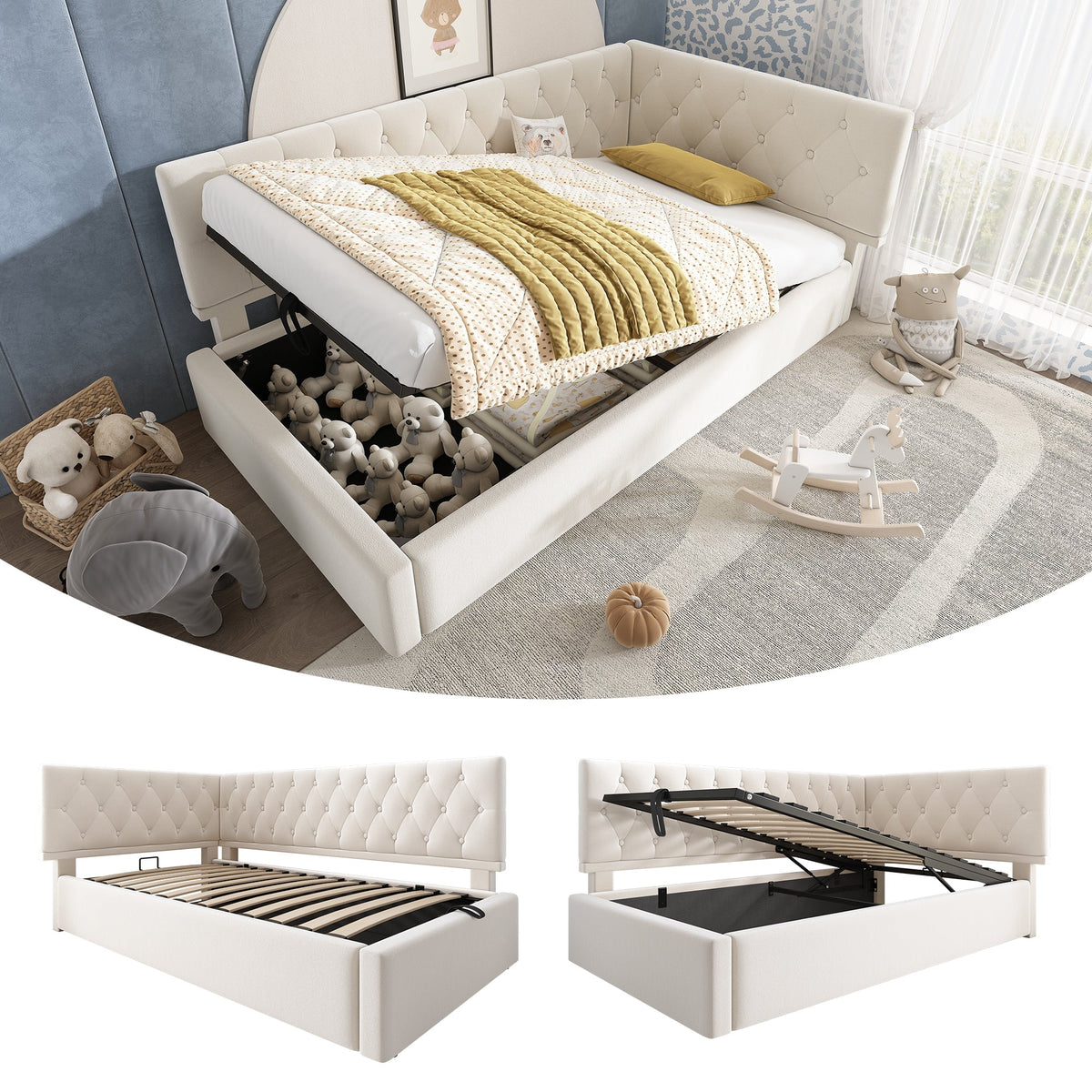 Upholstered Bed, Day Bed Sofa Bed with Hydraulic Storage, 90x190cm, Velvet Beige