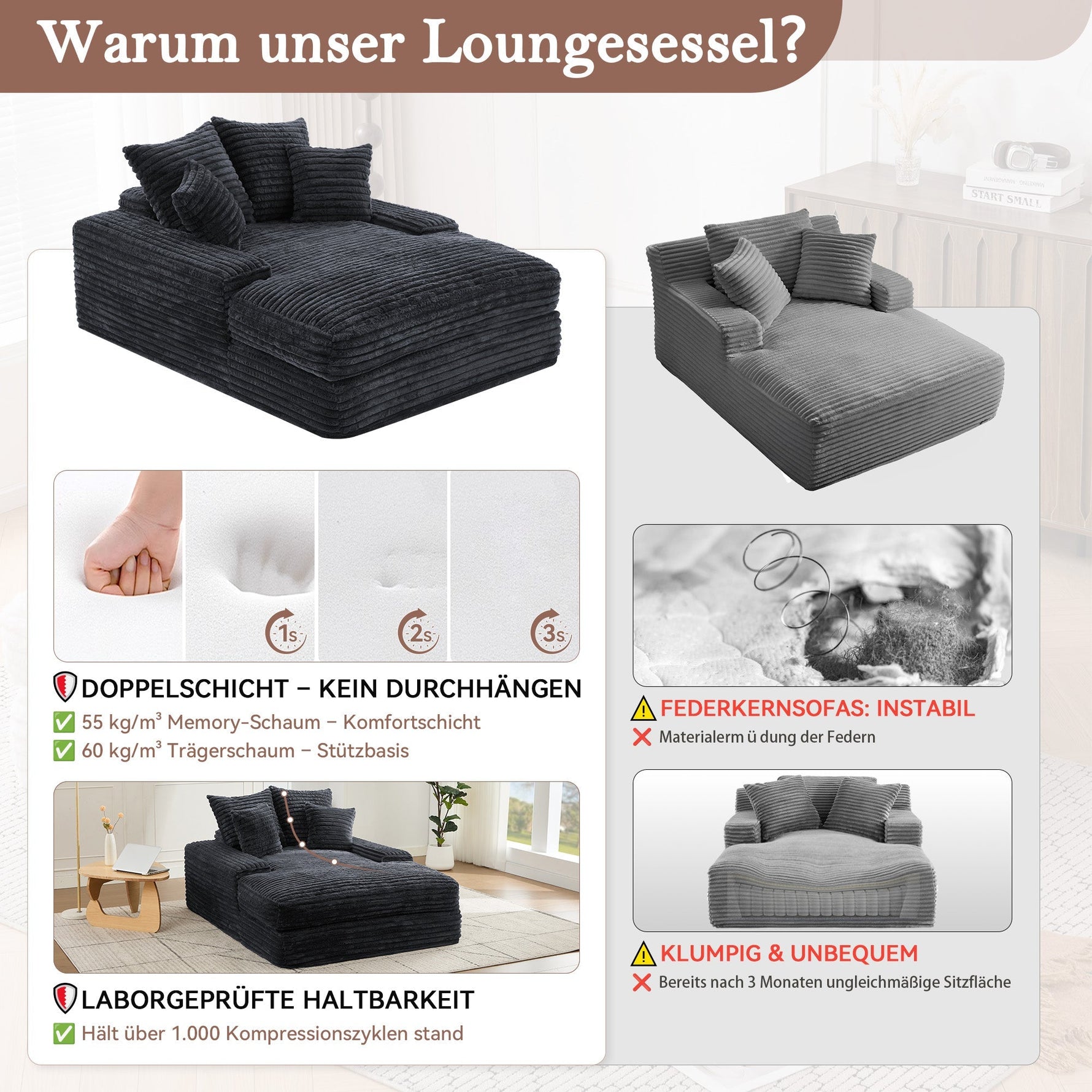 Luxury Cord Sofa, Multifunctional Sofa Bed Space-Saving, Grey