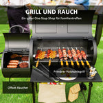 Charcoal Grill BBQ Smoker with Lid, Thermometer & Wheels, Steel