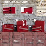 DURHAND empty tool case with 3 drawers and upper storage compartment, steel, red