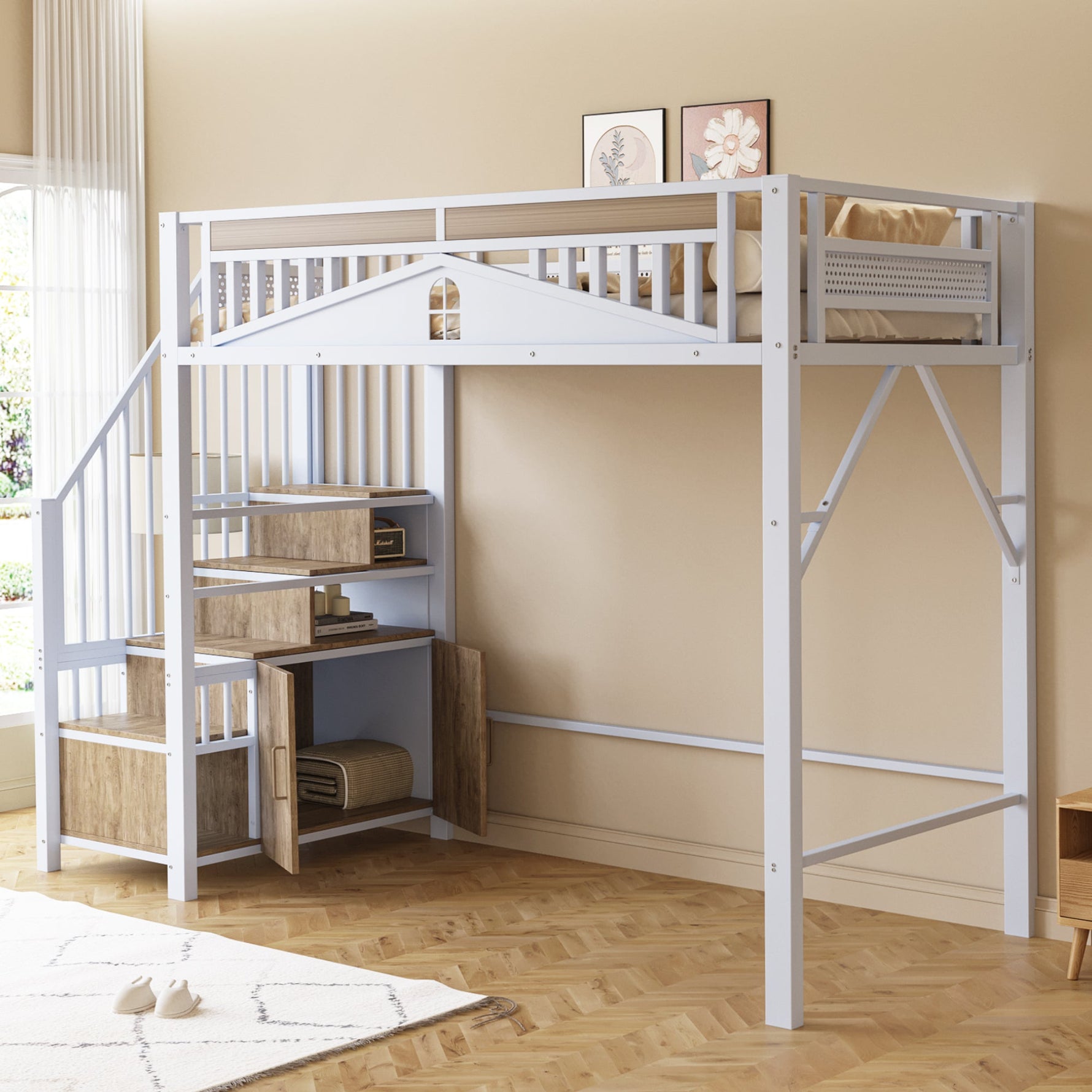 Metal Loft Bed 90 x 200 cm Safety Enclosure Ladder with Locker, White