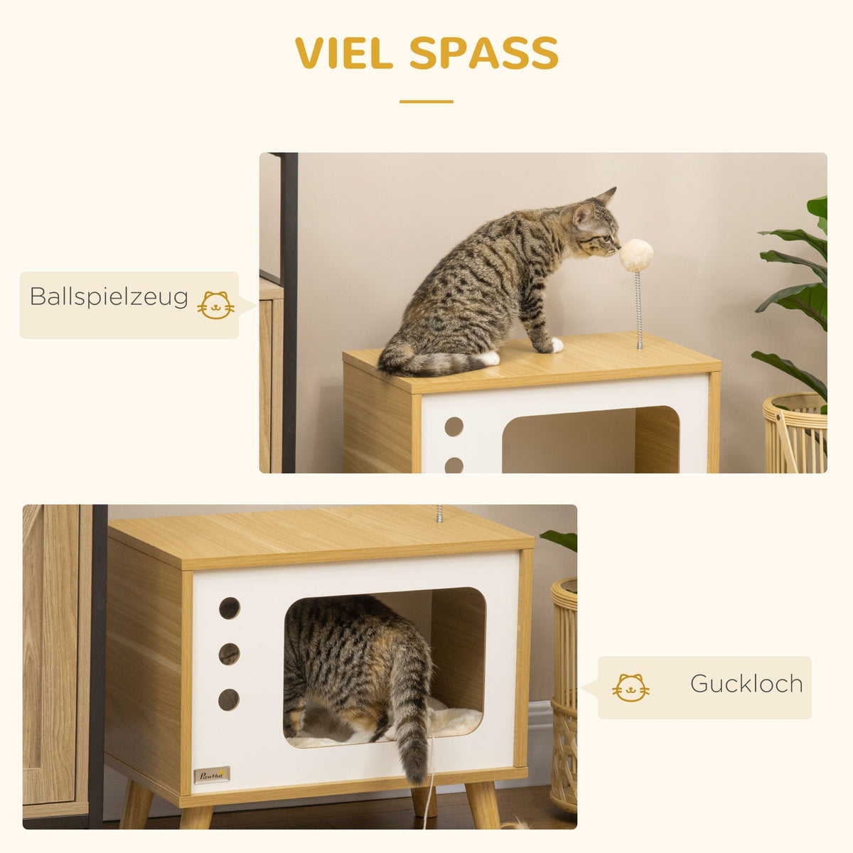 Cat House TV-Design, with Play Ball & Cushion, Oak/Beige/White