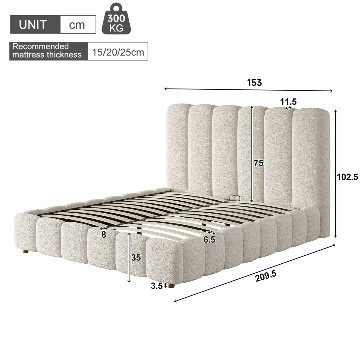 Upholstered Double Bed 140x190cm, Hydraulic Storage, White Bouclé