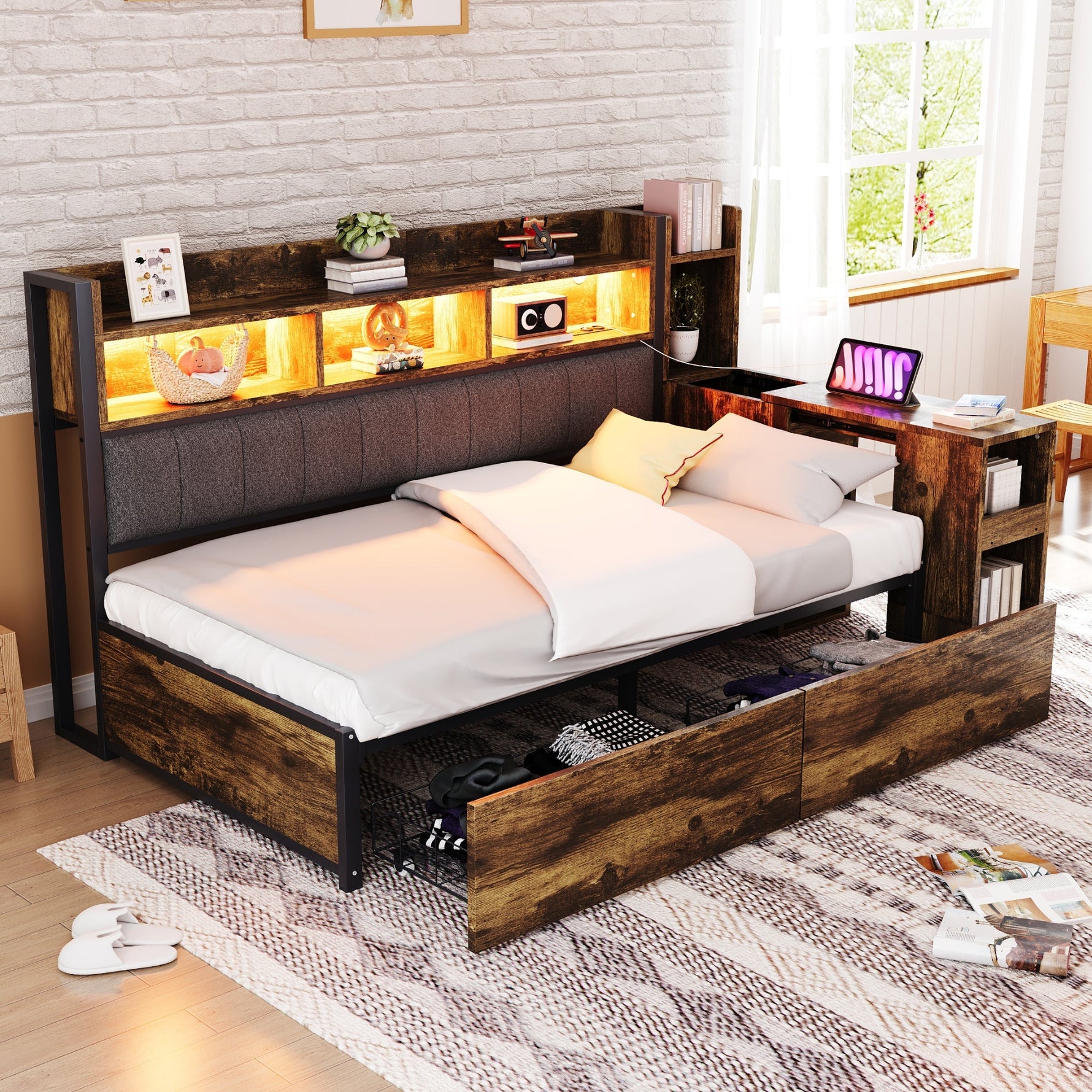Iron Sofa Bed 90x200cm, Storage, Desk, LED/Sockets - Wood Color