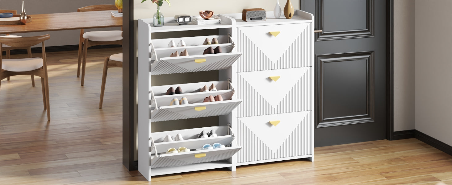 Shoe Cabinet with 6 Drop-Down Doors and Adjustable Width, White MDF
