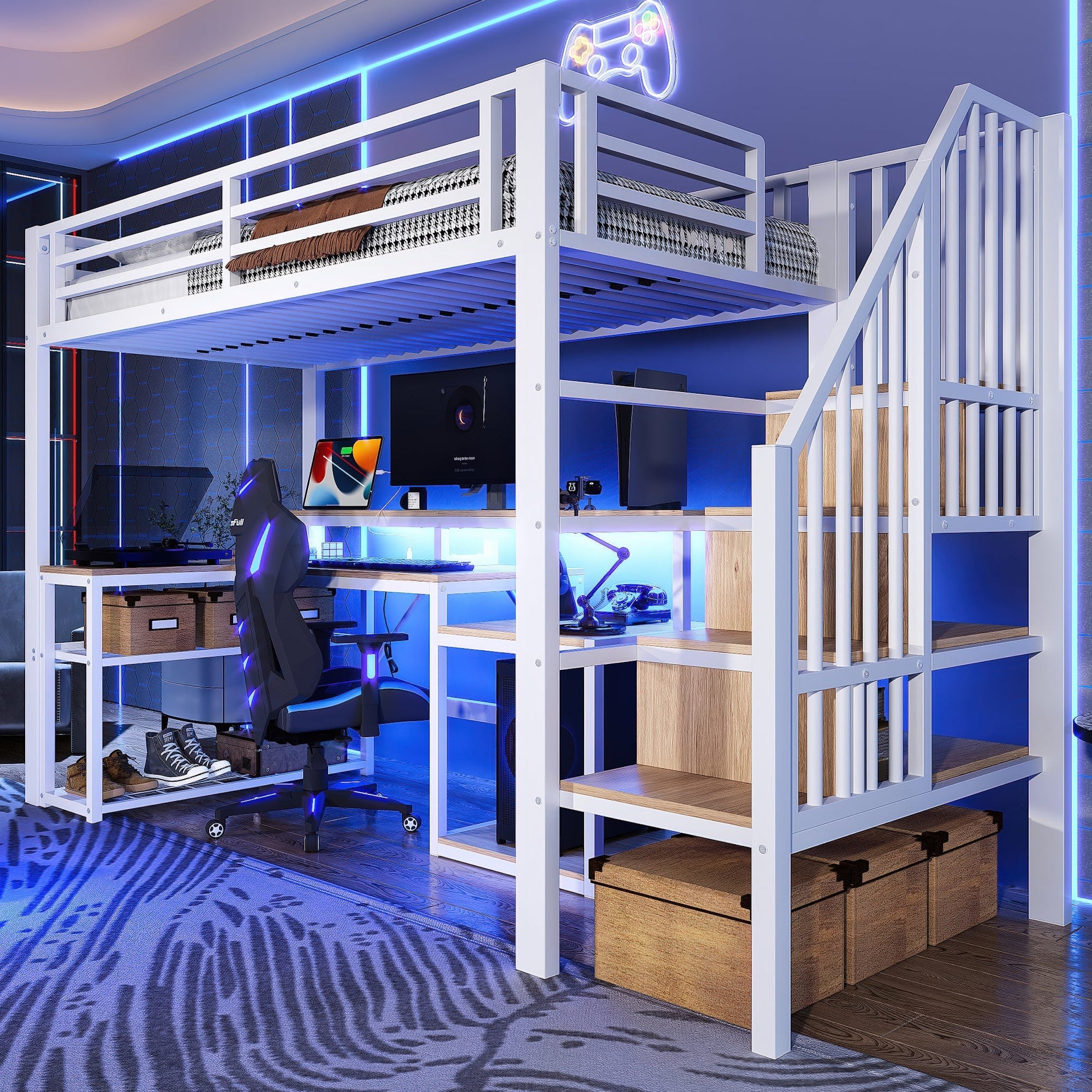 Loft Bed with Desk, LED Light Strip and Storage Staircase, 90 x 200 cm, White Iron Frame