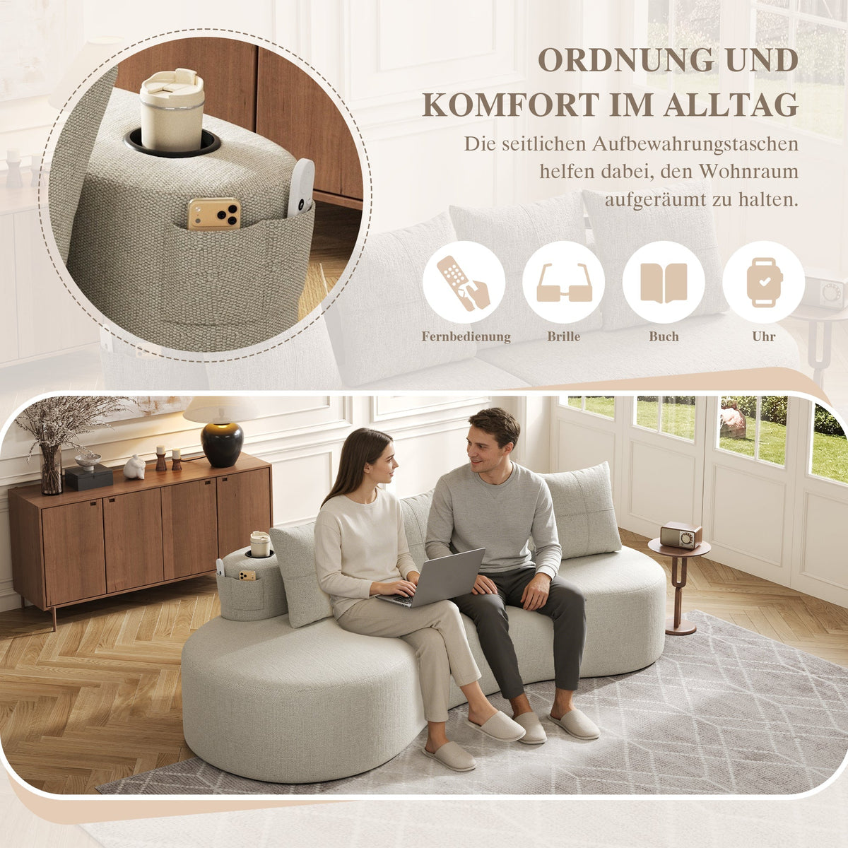 Linen Sofa with 4 Cushions, Cup Holder and Side Pocket, Beige