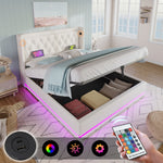 Upholstered Double Bed, Hydraulic Storage, USB-C, LED, White PU