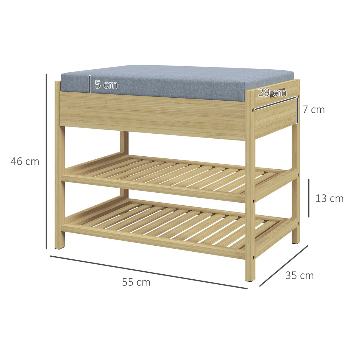 Shoe Bench, 2-Tier with Drawer, Bamboo Natural