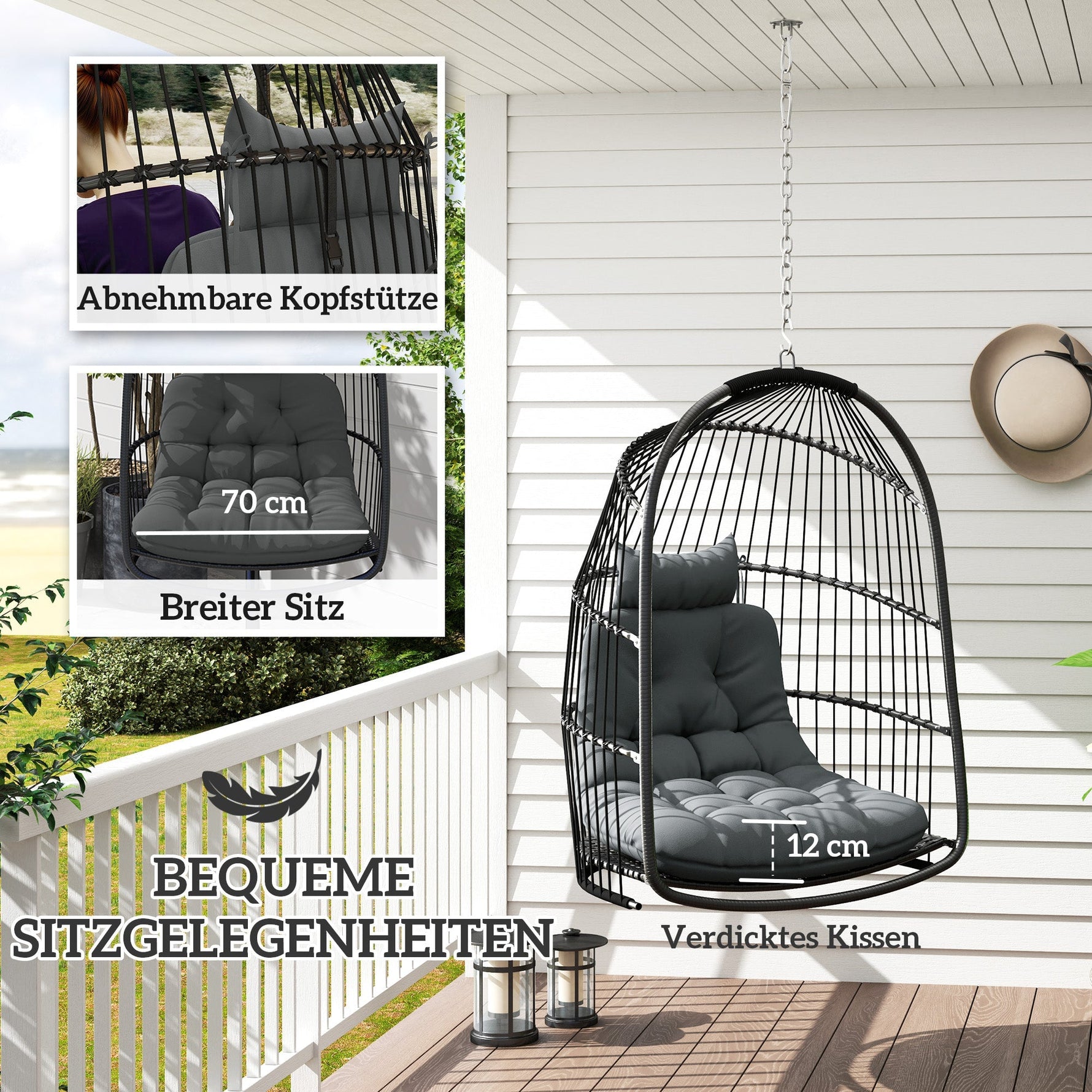 Hanging Chair, Foldable Polyrattan Swing, 150kg Capacity, Dark Gray