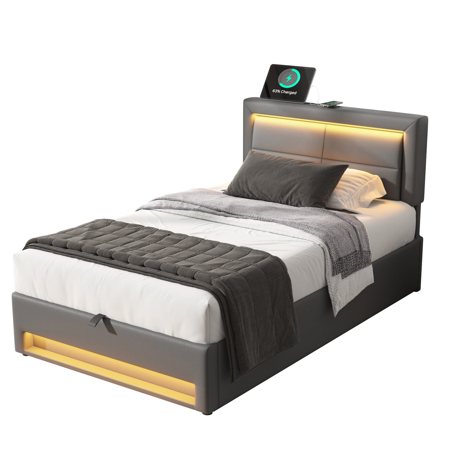 Upholstered Bed 90x200cm LED Storage USB/Wireless Charging - PU Lychee Grey