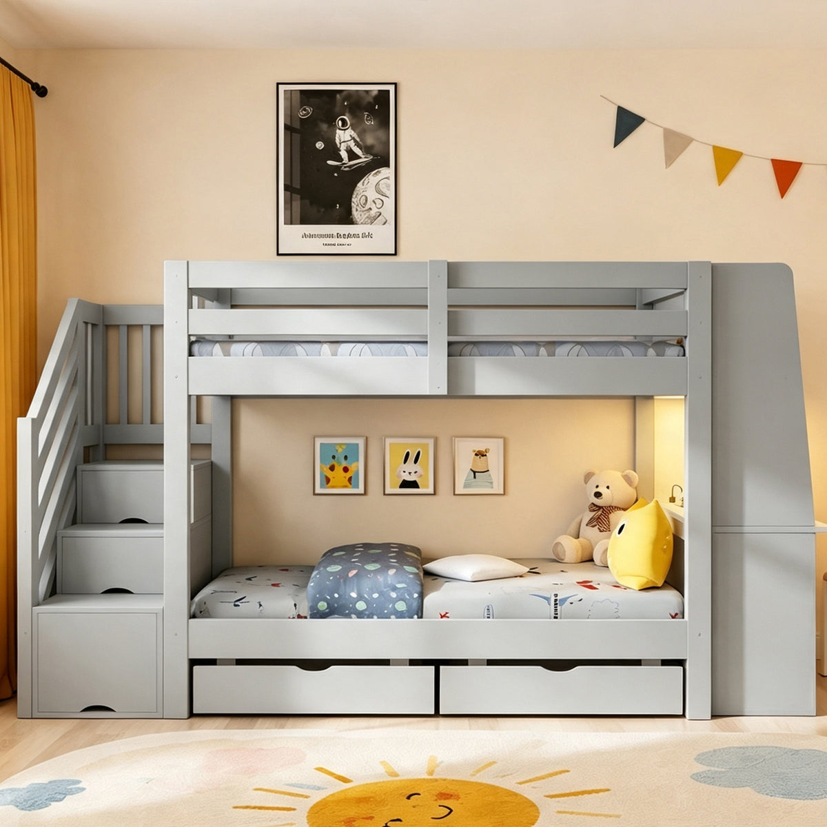 Kids Bunk Bed 90x200cm with Desk, LED & Drawers, Wooden Grey