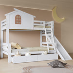 Bunk Bed with Slide & Drawers, Solid Wood Frame, White