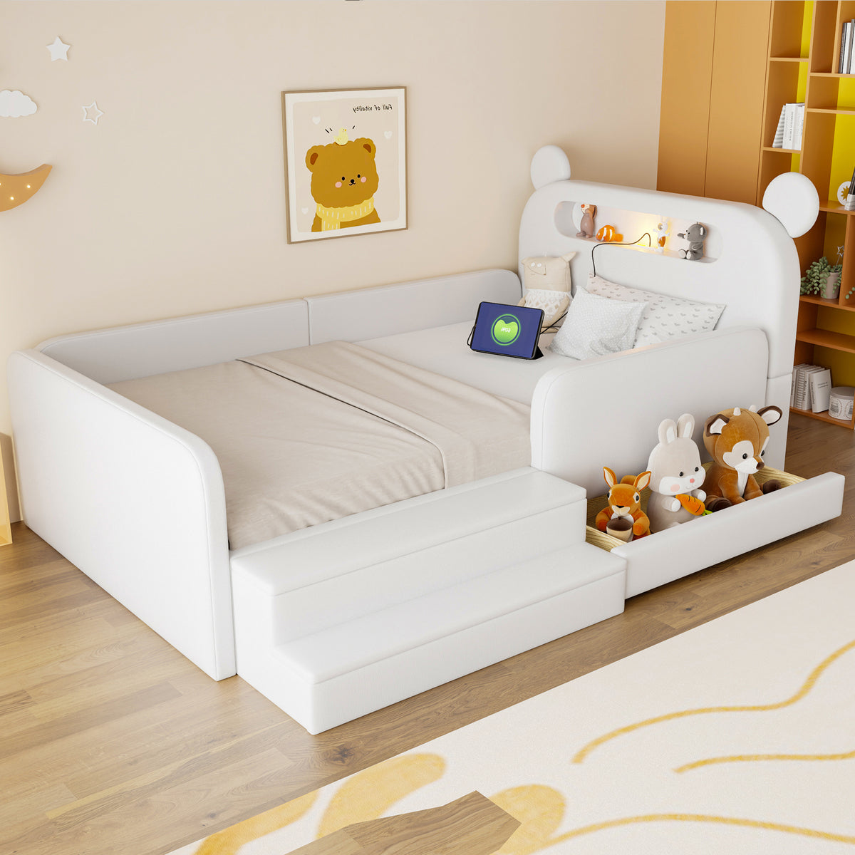 Children's Bear Bed 90x200cm with Storage & Night Light, White