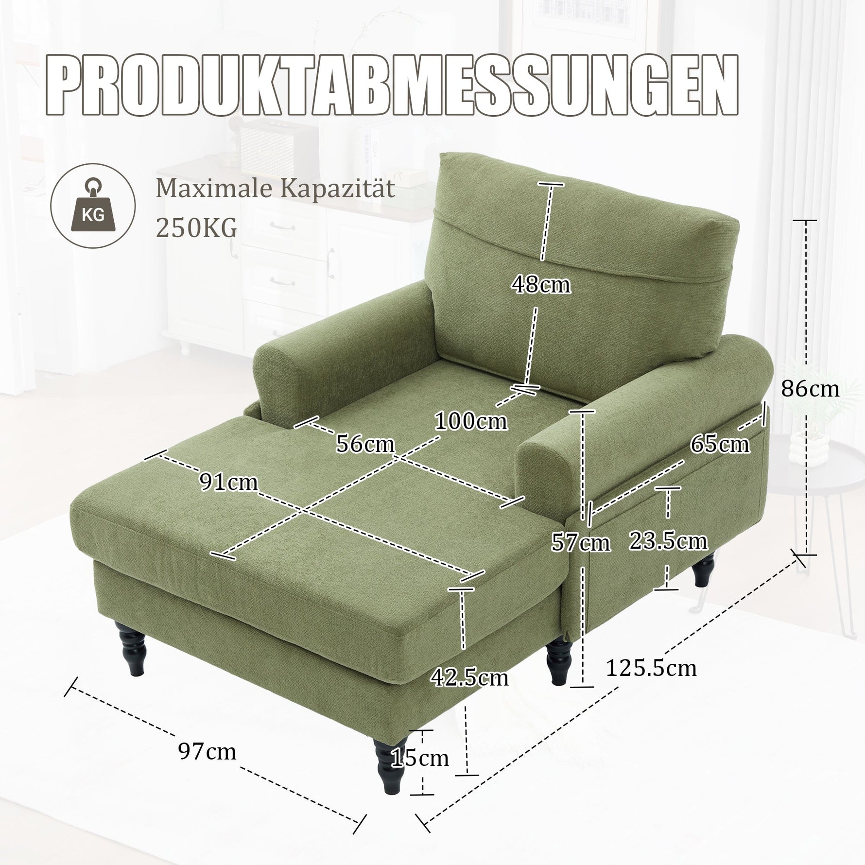 Modern Minimalist Lounger Sofa with Storage Pockets and Wooden Legs, Chenille