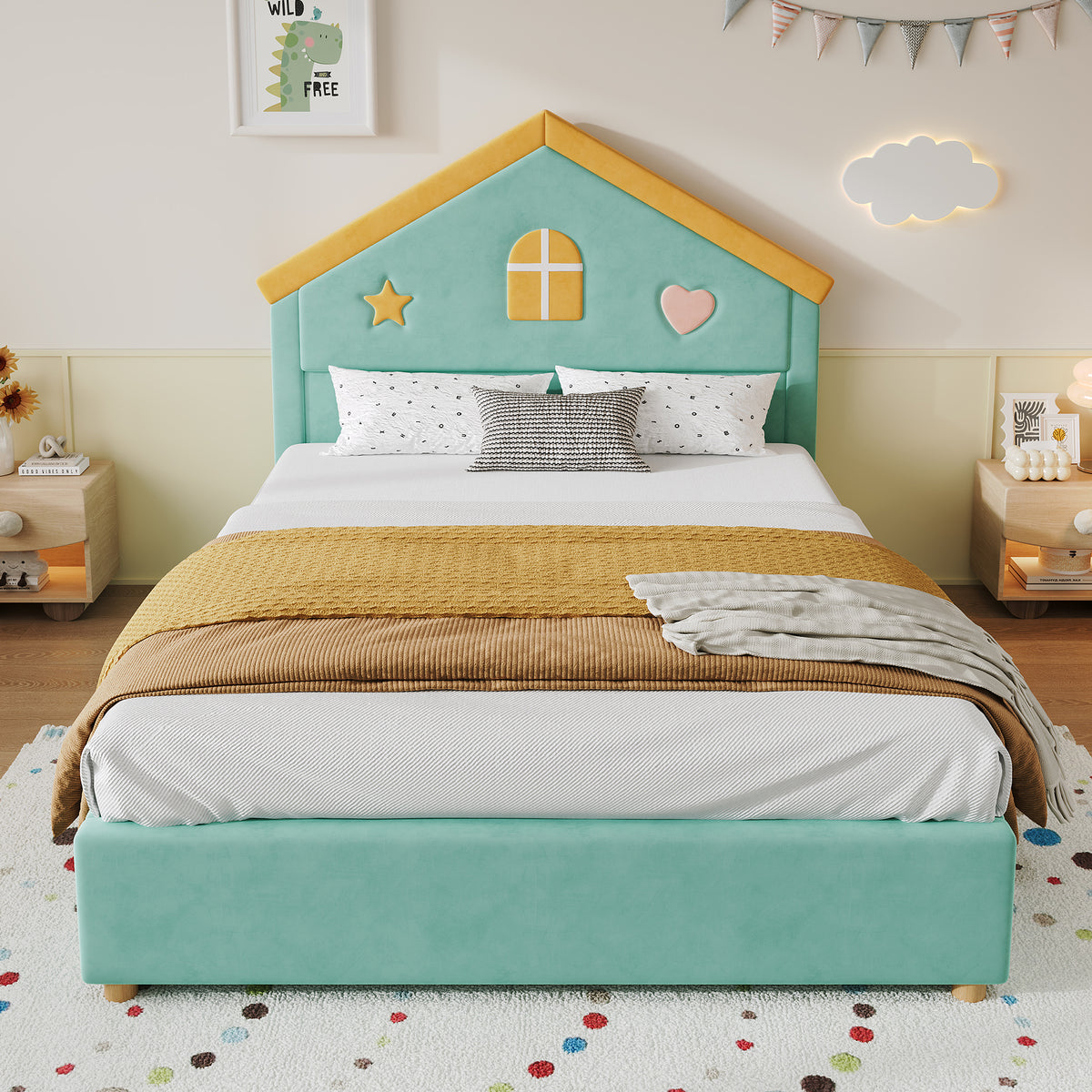 House Bed 140x200cm with 4 Drawers, Blue-Green Velvet