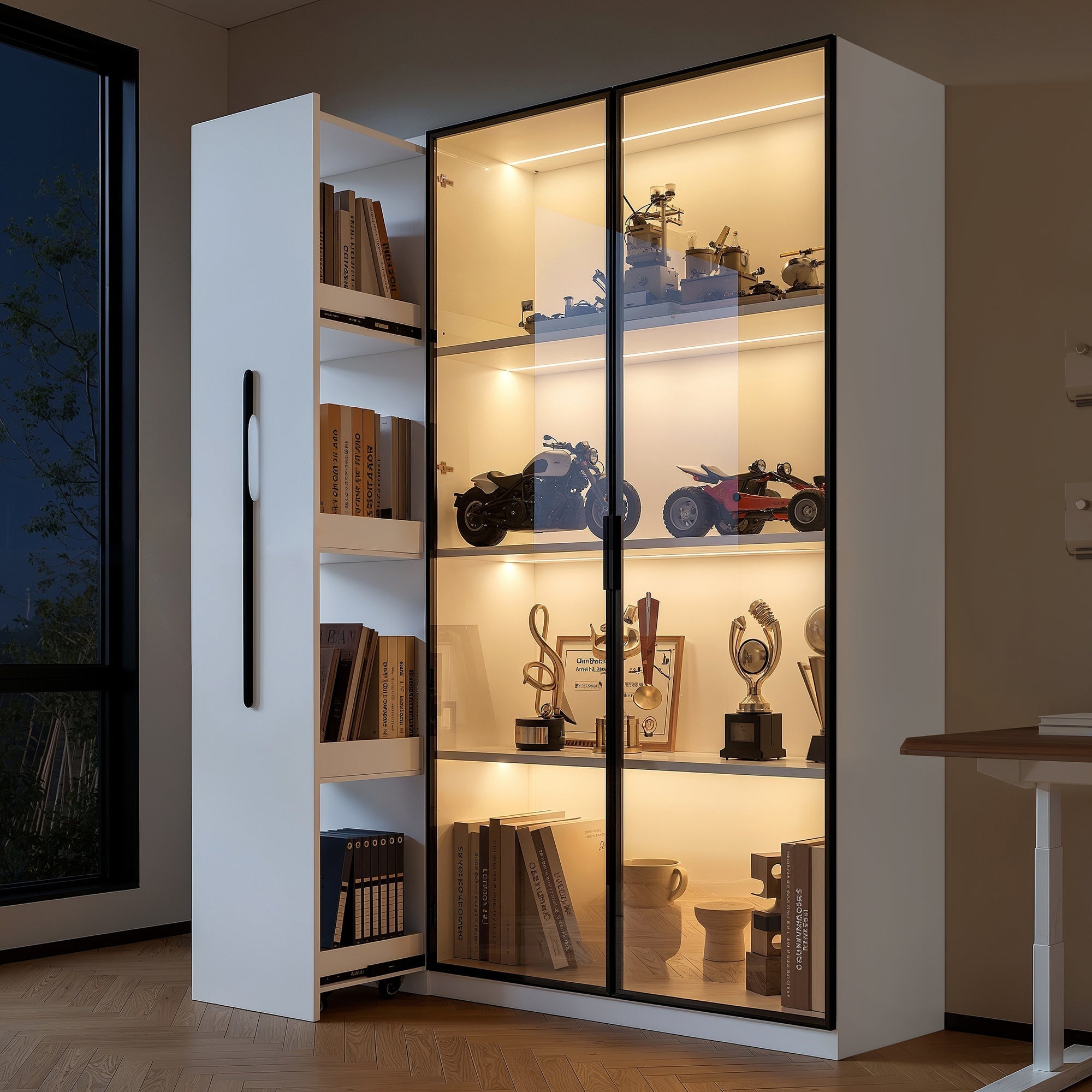 Multifunctional Cabinet with Glass Door, LED Lighting and Side Pull-out, Amber Glass and MDF