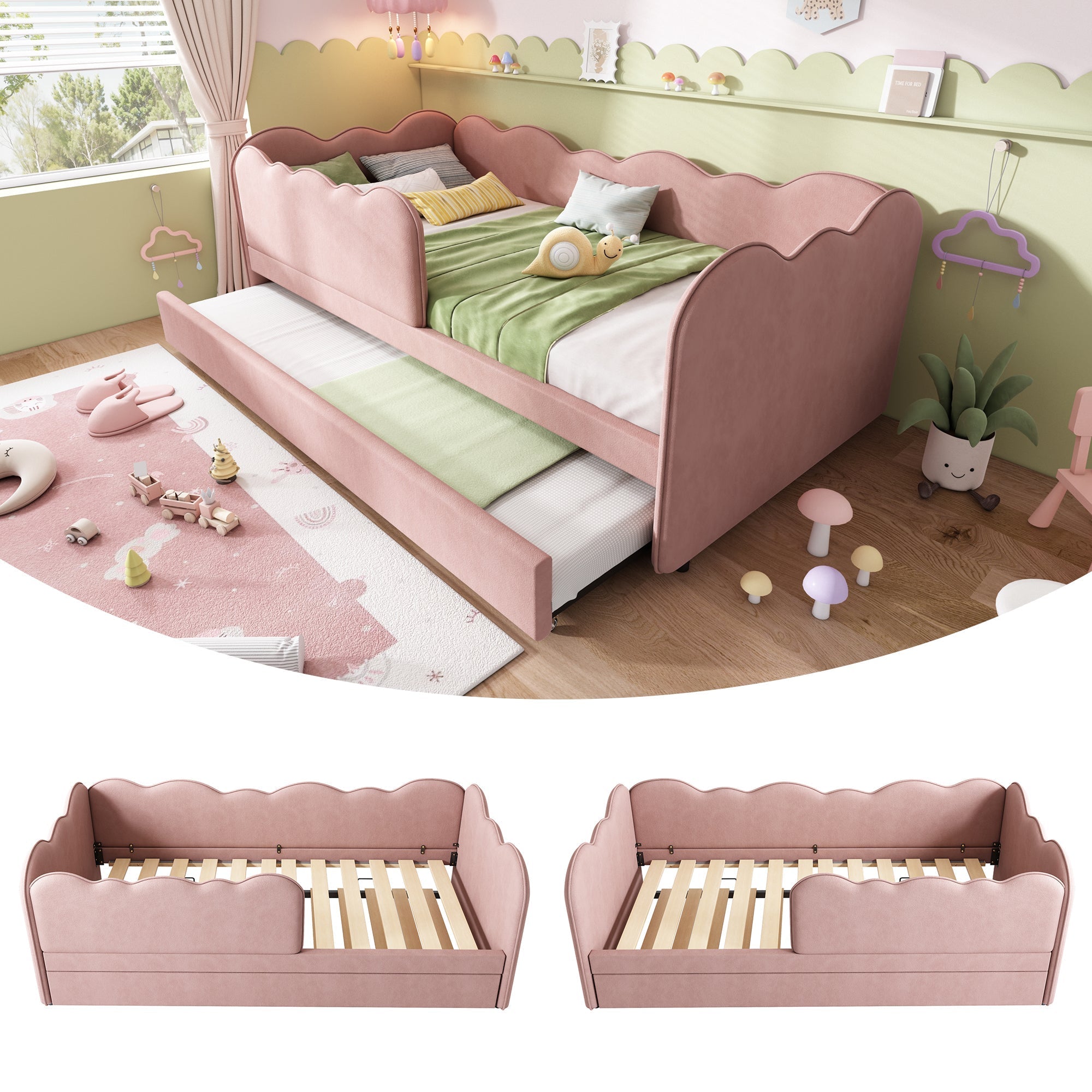 Upholstered Daybed Sofa Bed 90x190cm Pull-out Slatted Base, Pink Velvet