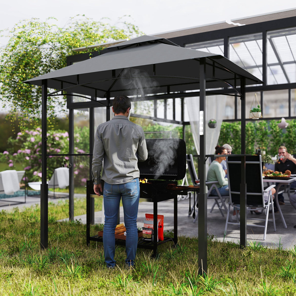Grill Gazebo LED Lighting, Double Roof, Side Shelves, Waterproof Metal Grey