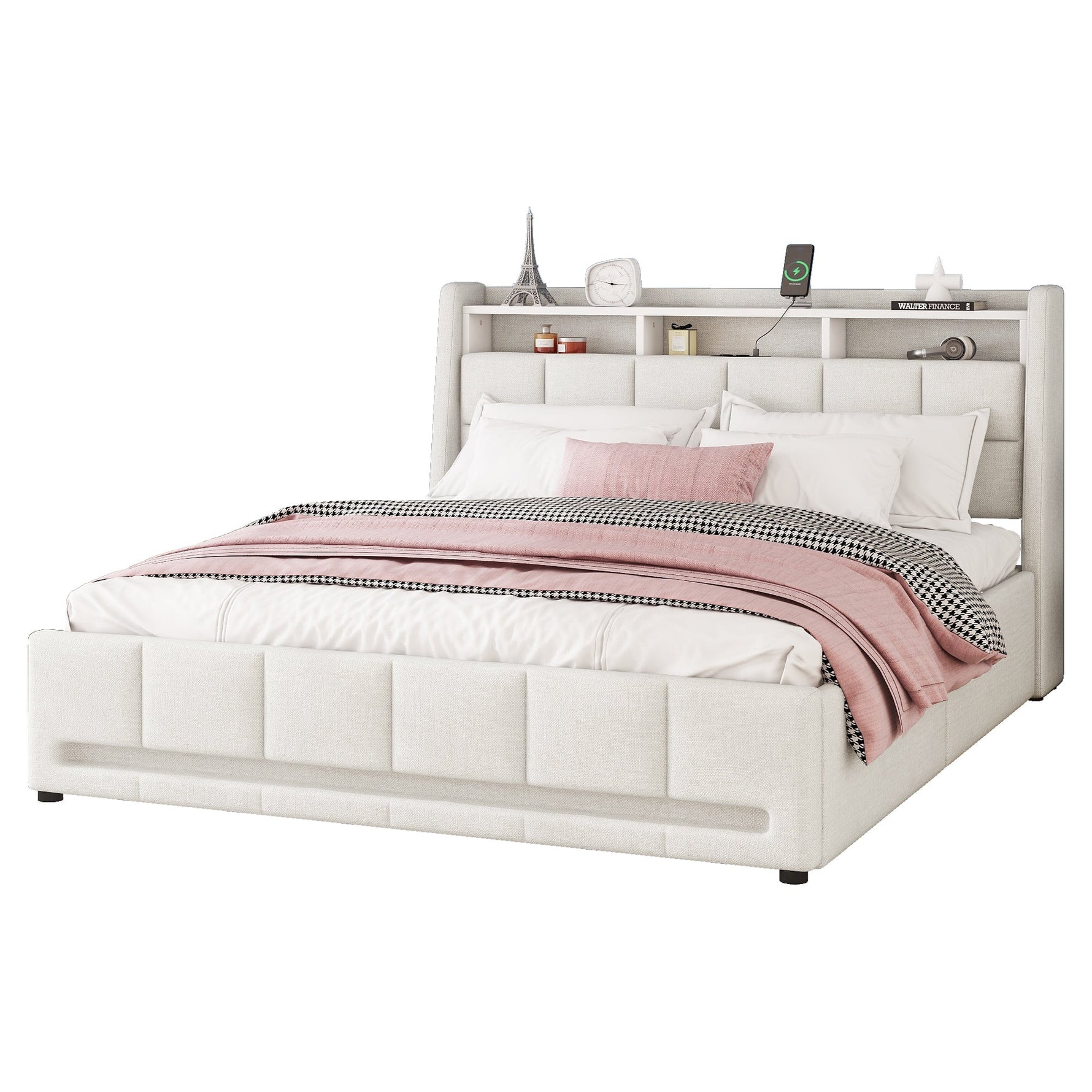 Upholstered Bed 140x200cm App Control LED Drawers USB/Sockets - Linen Beige