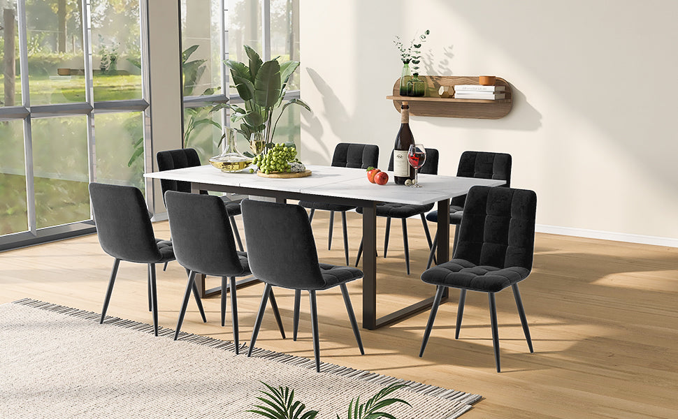 Dining Set Extendable Table 8 Chairs Grey Velvet White MDF Black
