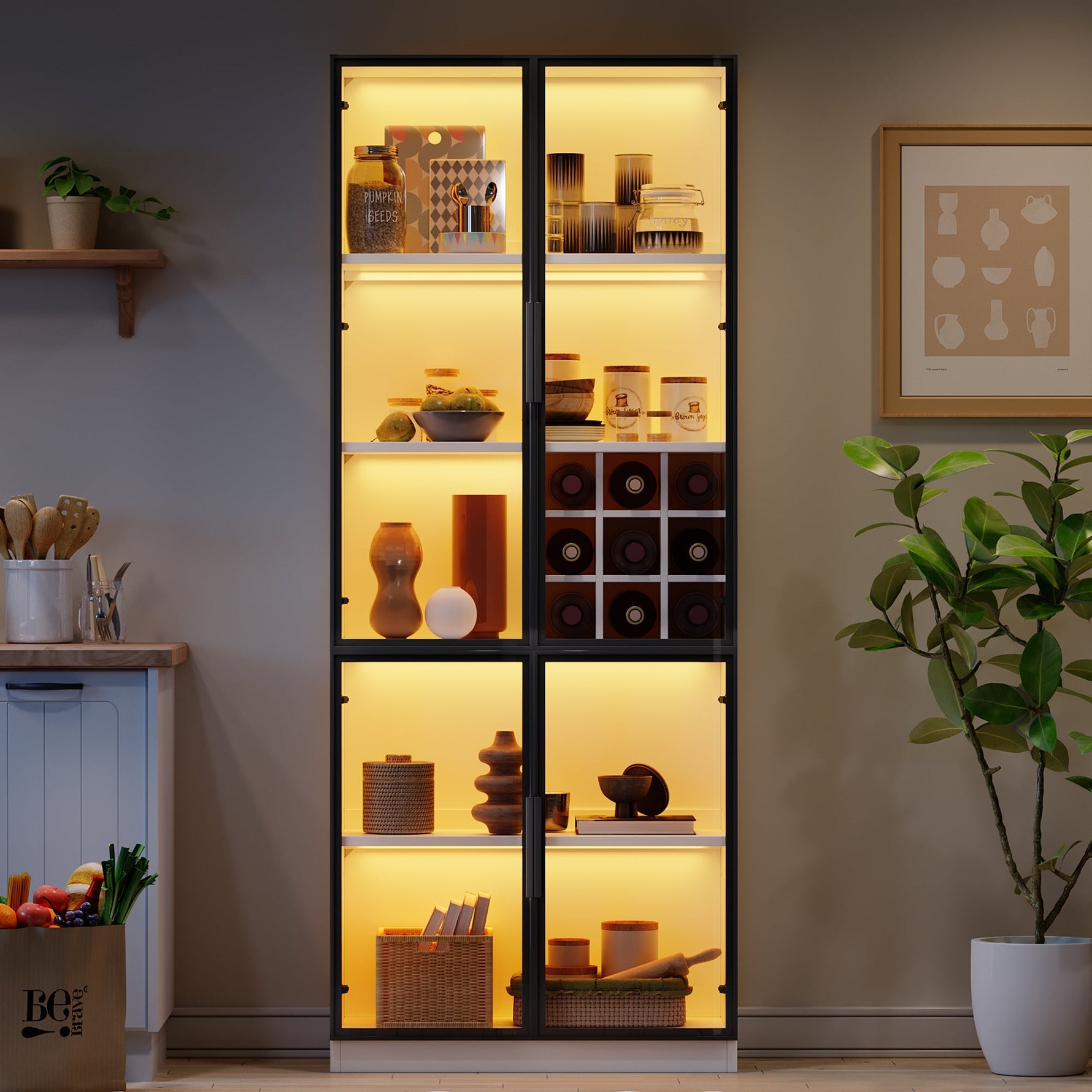 Display Cabinet 80x35x200cm Tall Cabinet Bookcase Wine Rack with Double Doors, Glass/LED