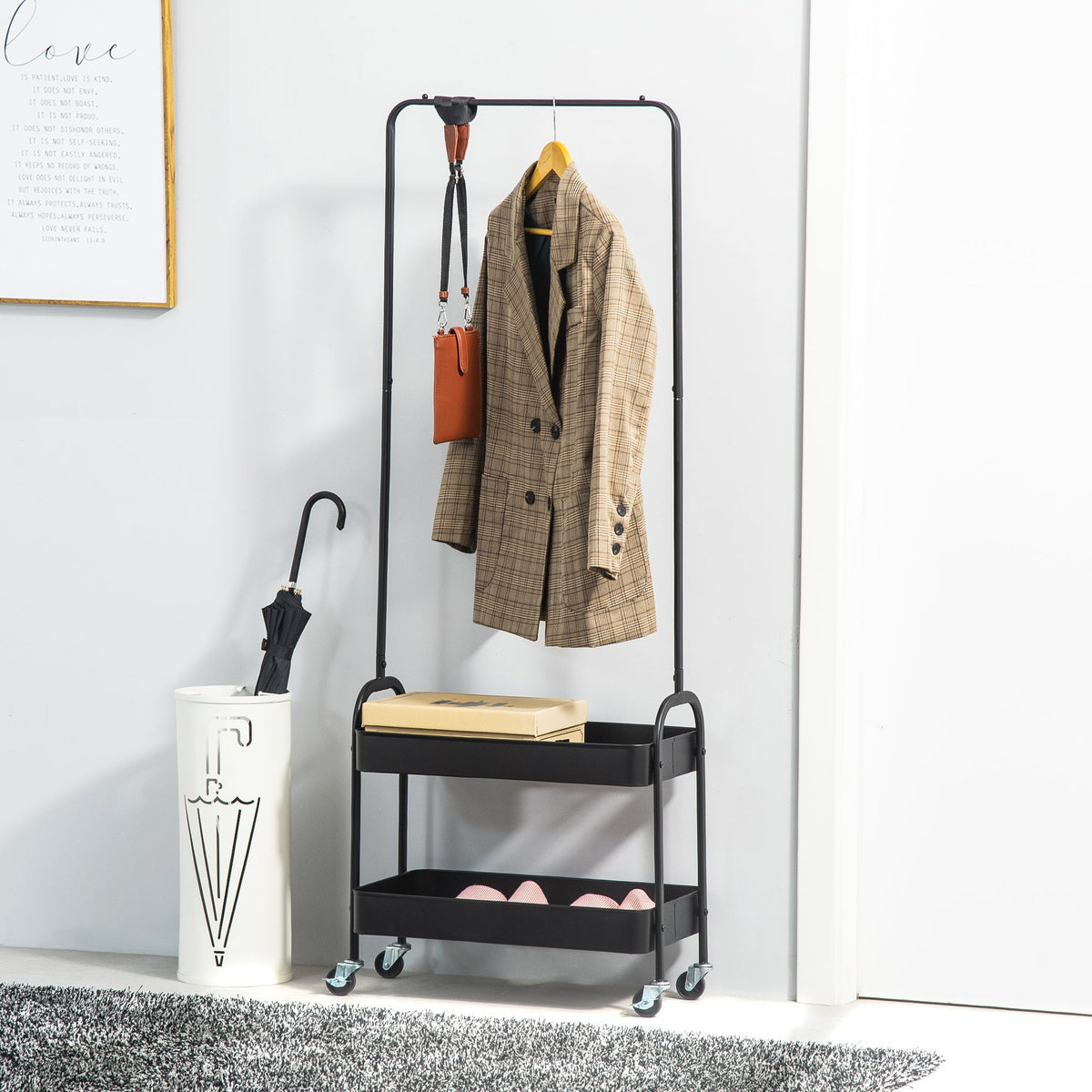 Clothes Rack, Wheels, Coat Rail, Shoe Rack, 16 kg Load Capacity, Black