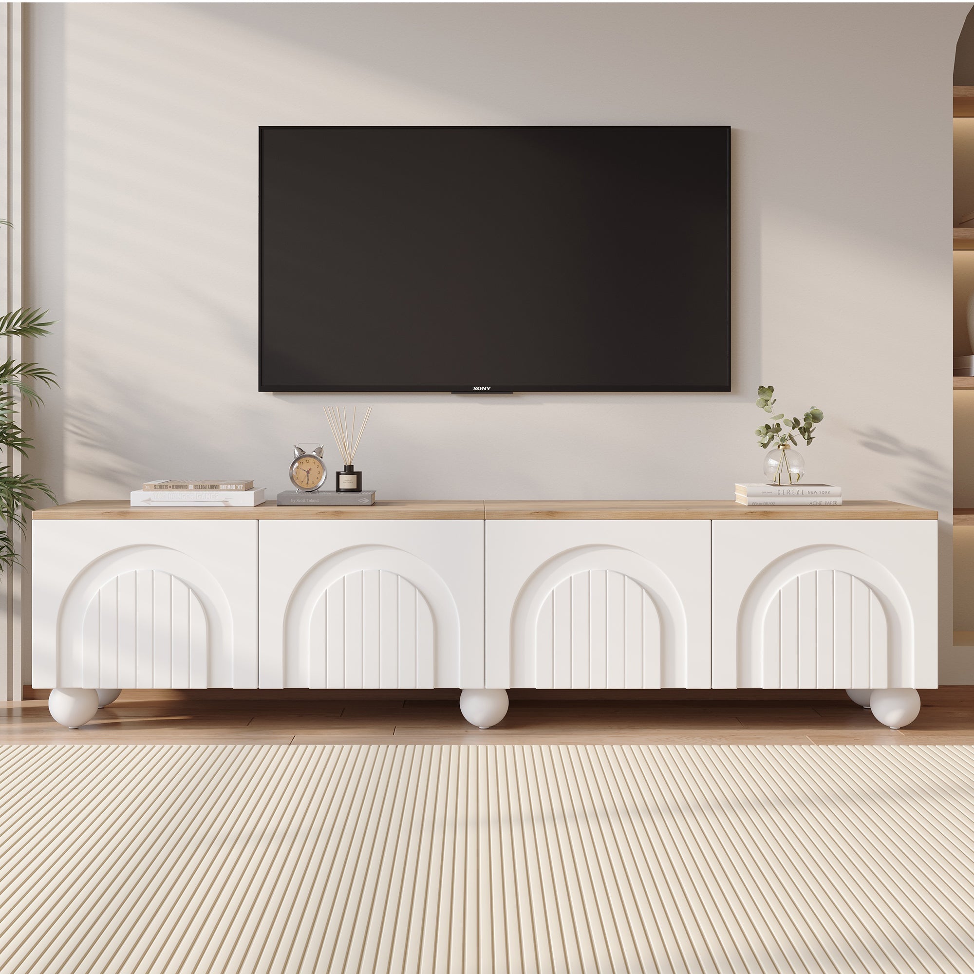 TV Cabinet 180x40x45cm 4 Shelves Metal Legs for 80-inch TV, Wood Color/White``` json
 {"cell_value": "TV Cabinet 180x40x45cm 4 Shelves Metal Legs for 80-inch TV, Wood Color/White"}
 

 ```