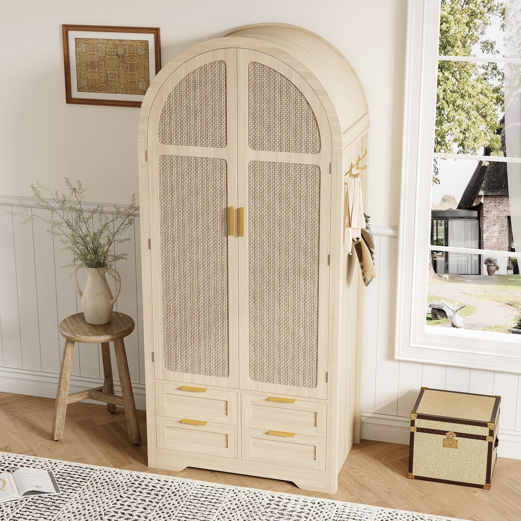 Modern Wardrobe with Curved Doors, Clothes Rail and Drawers, Oak MDF